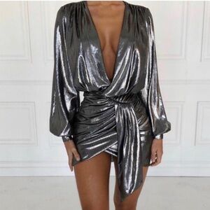 HOUSE OF CB ALVONA METALLIC SILVER DRAPE MINI DRESS